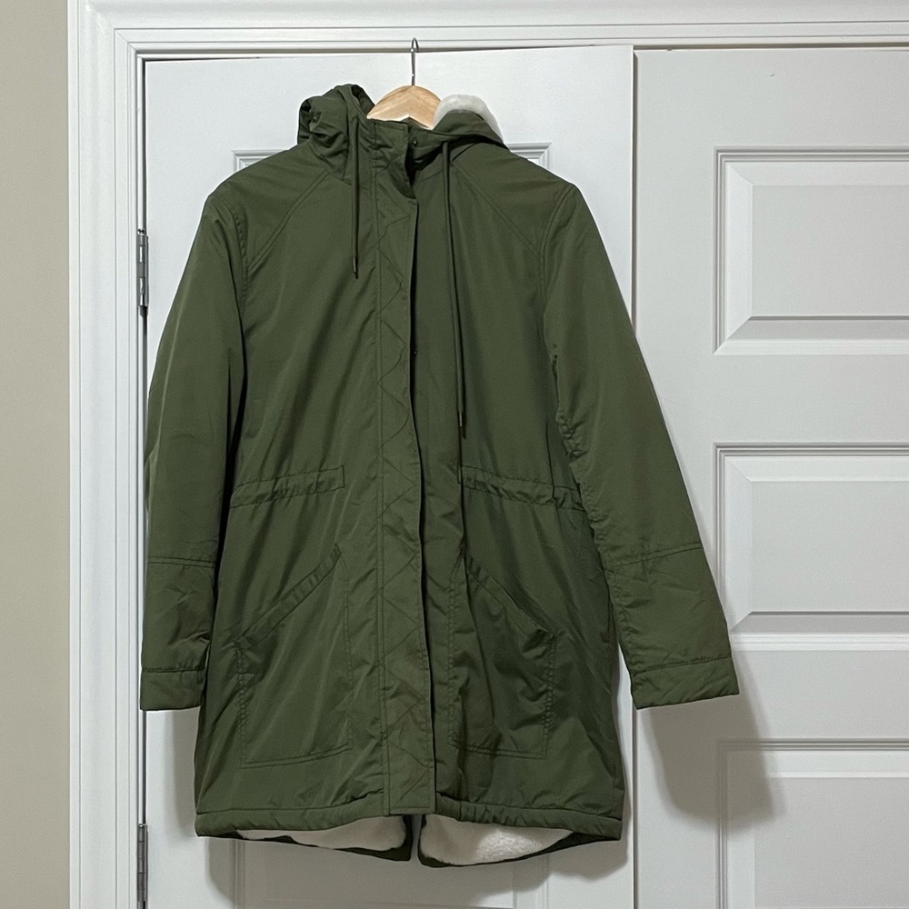 Olive water resistant, faux fur lined jacket